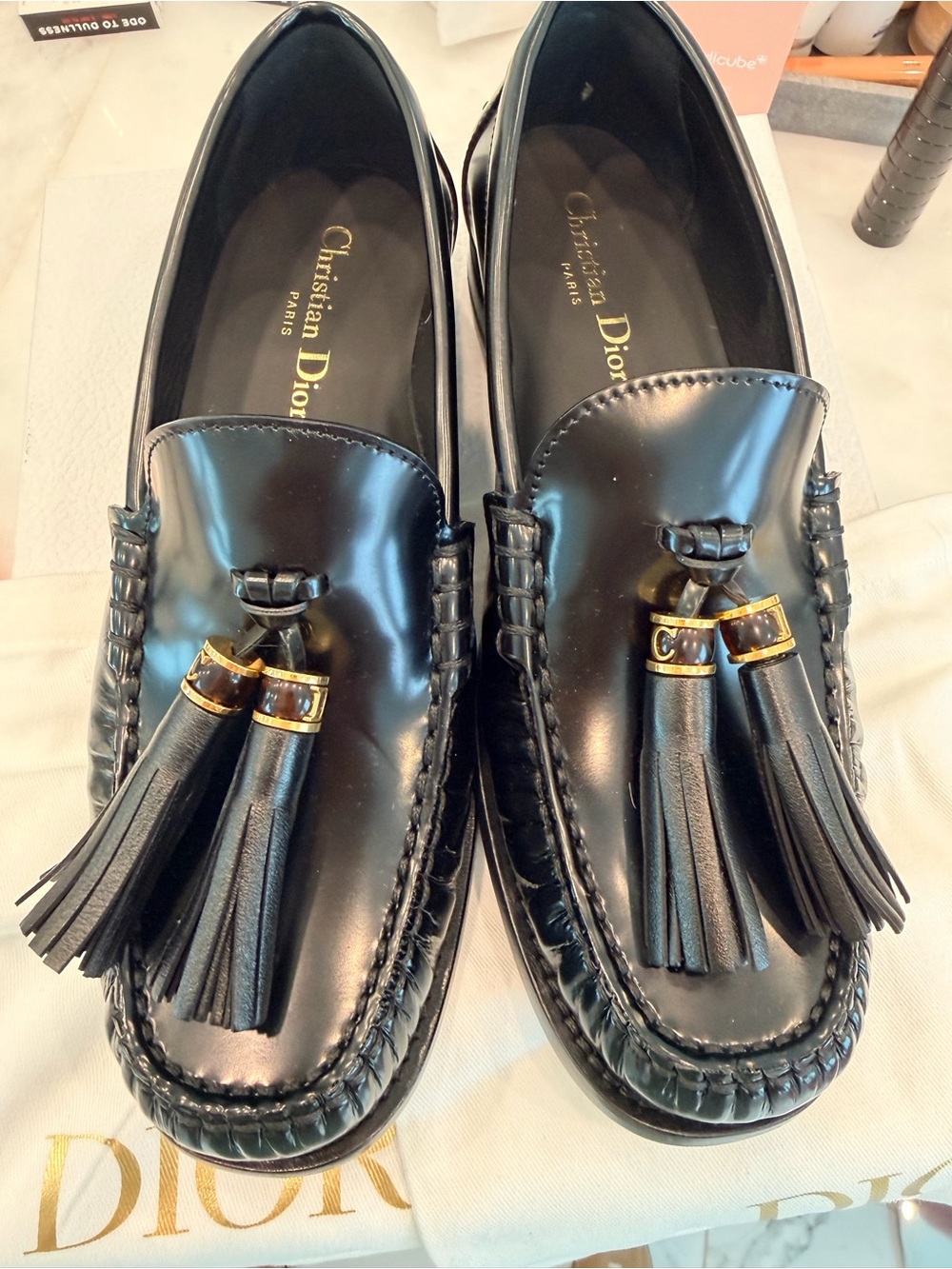 NWT | Dior | Black Leather Tassel Loafers with Gold Rings